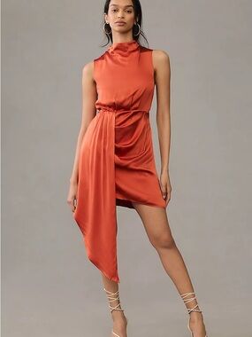 NWT Anthropologie Mock-Neck Draped Silk Dress Red Orange Size 8